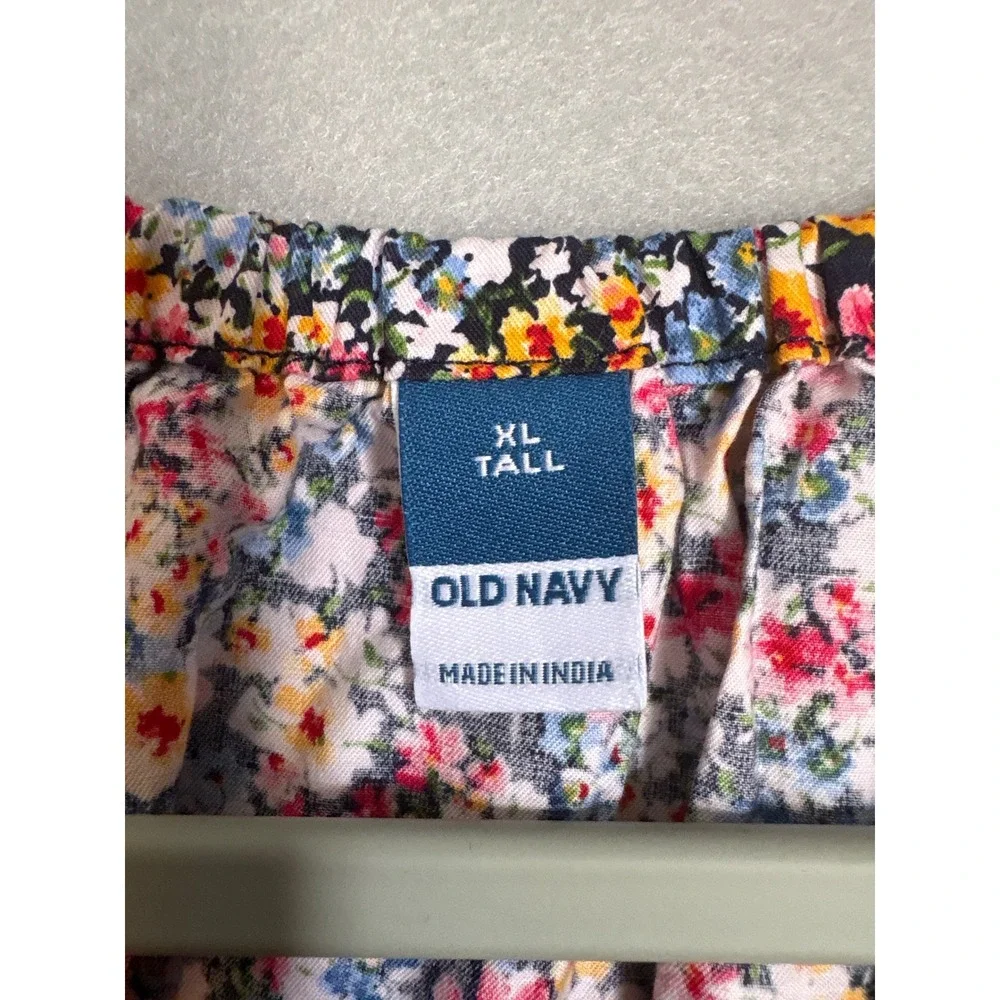 Old Navy Womens XL Tall Floral Babydoll Peplum Top Puff Sleeve Navy Blue Multi